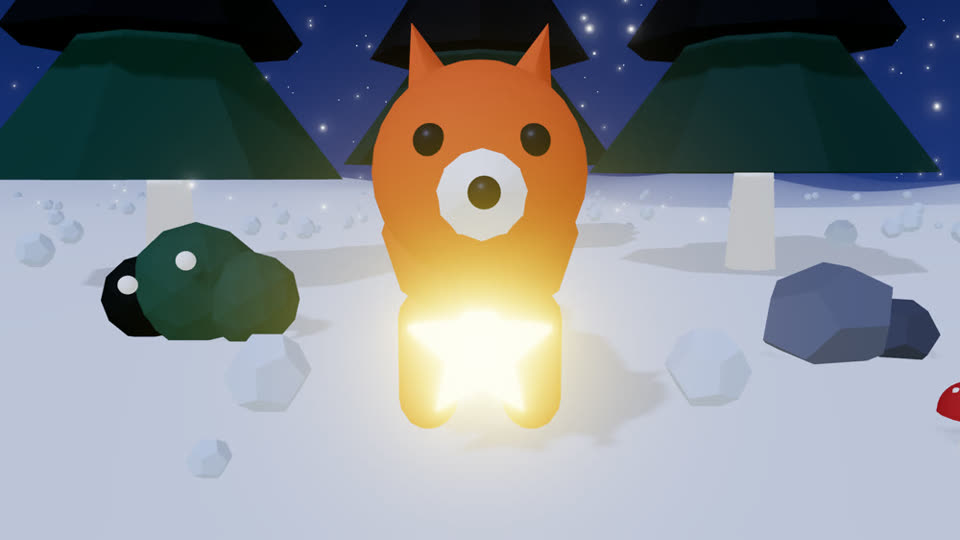 A low-poly 3D storyboard frame of a fox holding a glowing star in the snow
