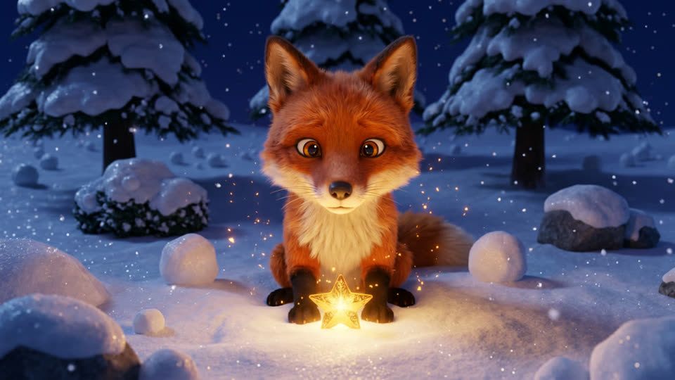 The same shot as a finished film frame: a detailed fox holding the star in a snowy forest